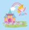 Flying winged little fairy princess rainbow and castle with flowers tale cartoon