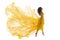 Flying Woman Levitation Jump, Fashion Model in Fly Yellow Dress