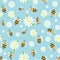 Flying yellow bees cute, with white symmetric daisies illustration over sky blue background.