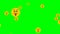 Flying yellow emoticons in sun shape. Different facial expression. Faces on green screen. Symbols of happines, mischief