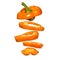 Flying yellow paprika. Sliced floating pepper isolated. Levity vegetable.