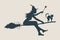 Flying young witch icon. Witch silhouette on a broomstick