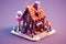 A fnacy candy house with sweets and chocolate, dreamy color, happy, surprised, isometric illustration, minimal background.