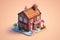 A fnacy candy house with sweets and chocolate, dreamy color, happy, surprised, isometric illustration, minimal background.