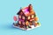 fnacy candy house with sweets and chocolate, dreamy color, happy, surprised, isometric illustration, minimal background.