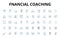 Fnancial coaching linear icons set. Budgeting, Investing, Saving, Debt, Goals, Retirement, Wealth vector symbols and