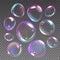 Foam bubbles. Realistic flying soap balls with rainbow reflections. 3D shampoo transparent glass spheres. Froth elements