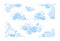 Foam made of soap or clouds. Big set of blue foam and bubbles of different shapes. Cloudy frame and corners. Vector