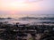 foam plastic bamboo and waste pollution on beach sunset background