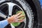 Foam and soap on the car wheel. Washing a car