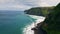 Foaming waves breaking hills drone view. Gloomy coastal landscape ocean surfs