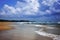 Foamy ocean waves roll onto the beach. Wet sand glistens.