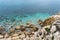 Foamy Sea Waves, Blue Clear Water on Rocky Beach Texture Background, Blue Ocean Water, Rocky Shore