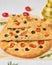 Focaccia, pizza, chopped italian flat bread with tomatoes, olives and rosemary. Vertical, side view