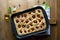 Foccacia on wooden table.