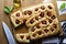 Foccacia on wooden table.