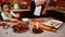 Focus on a dish with freshly baked gingerbread, against a blurred background of happy dad and daughter cooking together