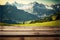 Focus empty wood table with blurred natural tree meadow background.