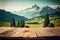 Focus empty wood table with blurred natural tree meadow background.