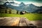 Focus empty wood table with blurred natural tree meadow background.