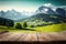 Focus empty wood table with blurred natural tree meadow background.