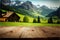 Focus empty wood table with blurred natural tree meadow background.