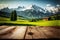 Focus empty wood table with blurred natural tree meadow background.