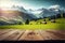 Focus empty wood table with blurred natural tree meadow background.