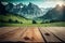 Focus empty wood table with blurred natural tree meadow background.