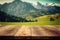 Focus empty wood table with blurred natural tree meadow background.