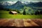 Focus empty wood table with blurred natural tree meadow background.