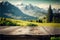 Focus empty wood table with blurred natural tree meadow background.