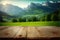 Focus empty wood table with blurred natural tree meadow background.