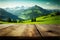 Focus empty wood table with blurred natural tree meadow background.