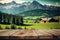 Focus empty wood table with blurred natural tree meadow background.