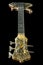 Focus on Headstock and Tuning Gears of a Buckeye Burl Wood Five String Electric Bass Guitar