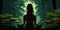 in focus long hair Woman in lotus pose in sillhouette practicing yoga in green forest