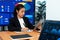 Focus portrait of asian female manger with blurred background in harmony.