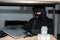 Focus of robber in balaclava taking