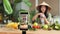 Focus on smartphone display. Beautiful smiling asian young woman blogger in traditional hat