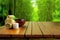 Focus wooden table with spa product isolated on blurred bamboo tree background.