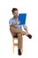 Focused casual man reading clipboard while sitting