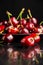 Focused closeup of wet cherries reflected on black background, selective focus,