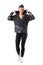 Focused confident sportswoman put on tracksuit hoodie get dressed for autumn season jogging