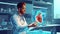 Focused healthcare professional reviewing advanced heart hologram data on high-tech screen