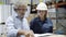 Focused inspector and female worker talking in warehouse.