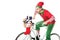 focused man in christmas elf costume riding bike and transporting presents in basket isolated