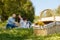 Focused photo on basket that standing on the grass