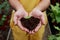 Focused picture. Mens hands holding the soil with little plant in the middle