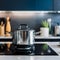 Focused shot highlights metallic pot on sleek stove in modern kitchen